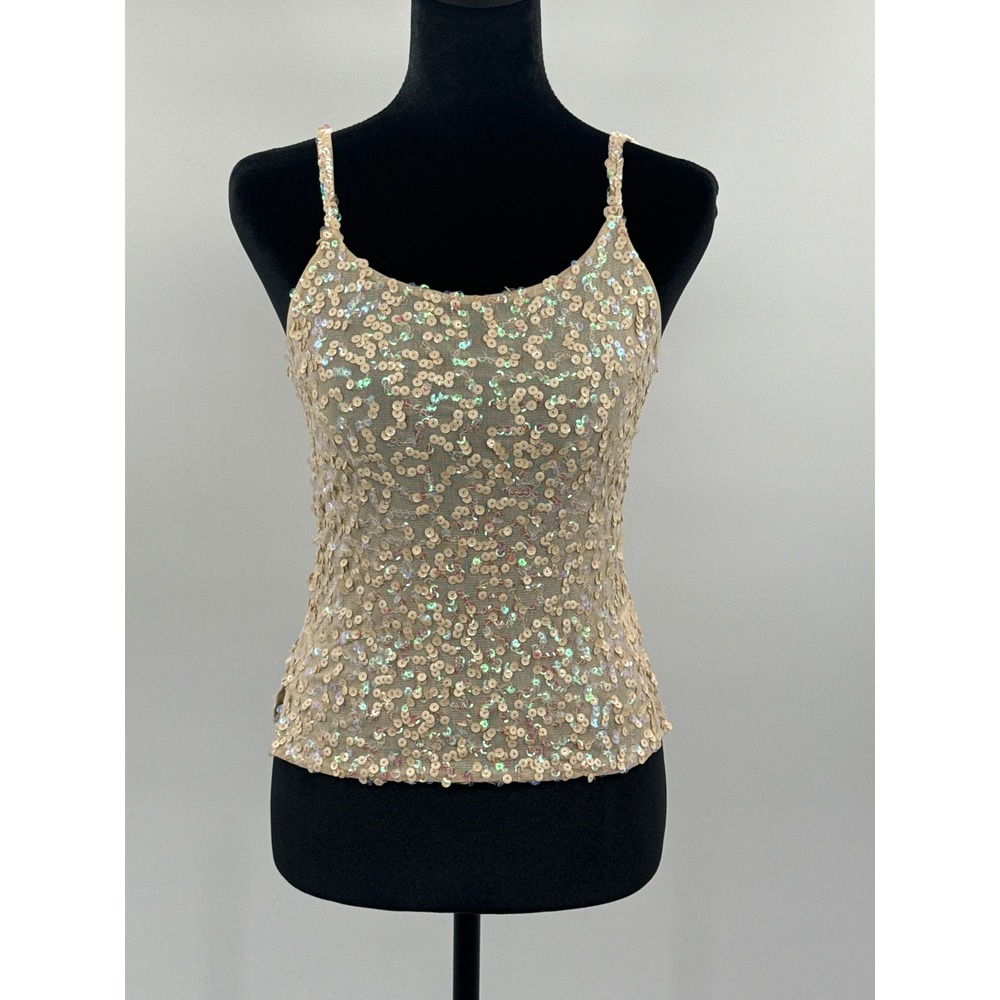 Tell Women Beige Iridescent Sequin Camisole Spaghetti Strap Mesh Top Size M